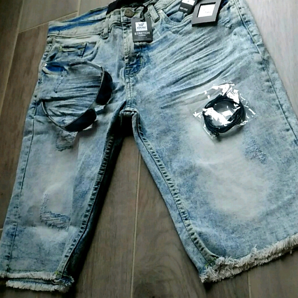 XRAY DISTRESSED STRETCH BLUE DENIM SHORTS+BONUSES